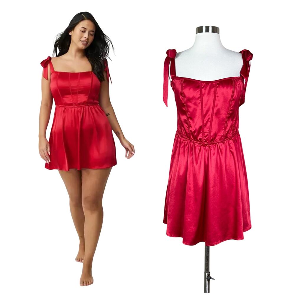 Torrid | Red Satin Babydoll Chemise Corset Bodice Open Back Lingerie Dress 1X